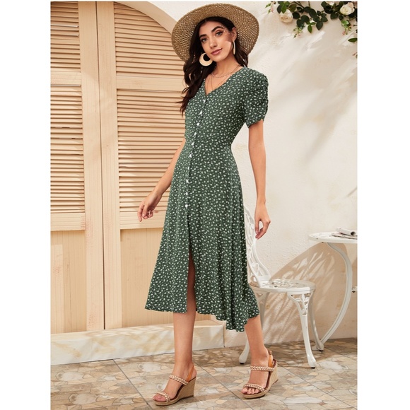 Green Floral Midi Dress Button Front V-Neck - Picture 4 of 10